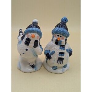 Vintage Christmas Snowman Salt and Pepper Shakers Ceramic Ice Skating Couple